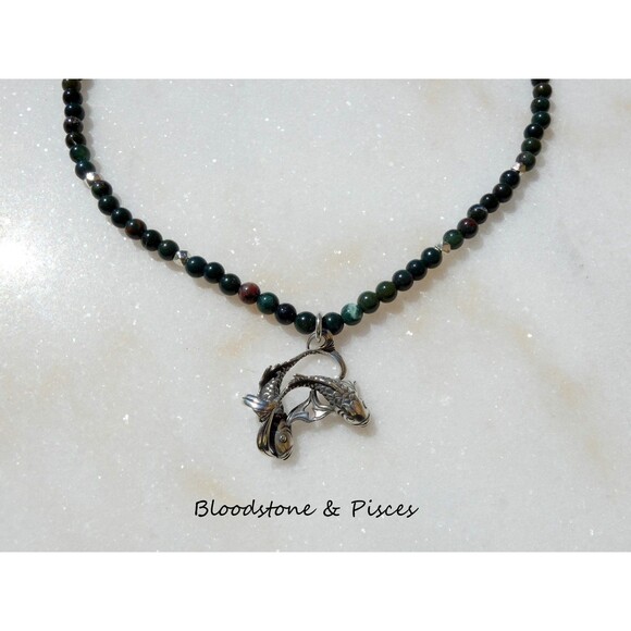 Sterling Silver Pisces Fish Bloodstone Beaded Pendant Necklace Pentagram - Picture 7 of 9